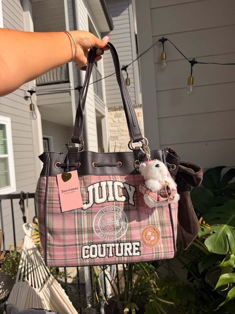 Juicy Couture Pink Plaid Varsity Satchel Chocolate Brown Tote Bag